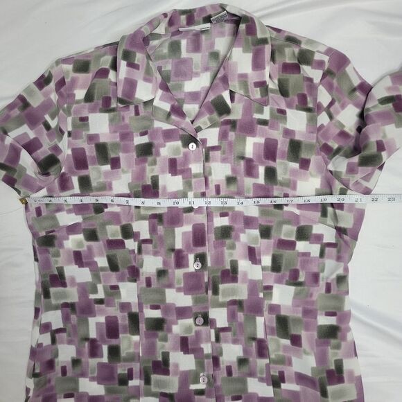 VINTAGE 90s blouse purple geometric print button up padded shoulder‎ top L - Picture 6 of 7
